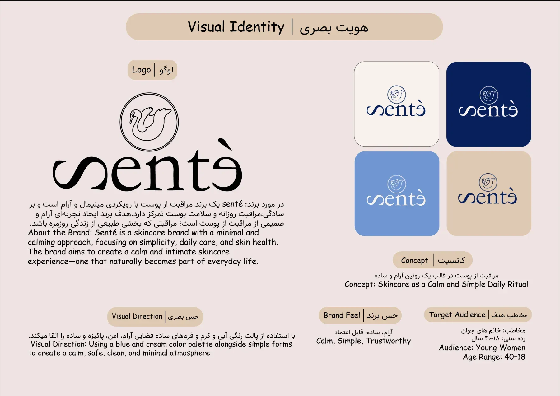 Sentè visual identity: logo with swan mark, logo colour variations, concept and target audience