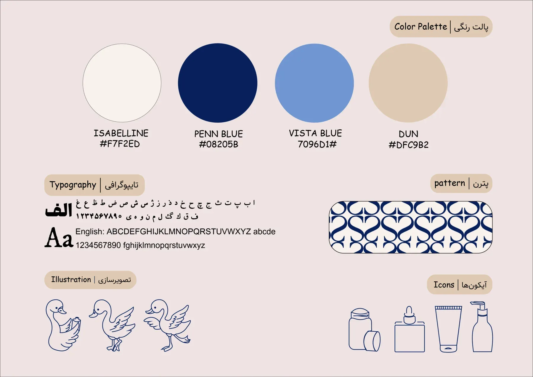 Sentè colour palette, bilingual typography, swan pattern, illustrations and icons