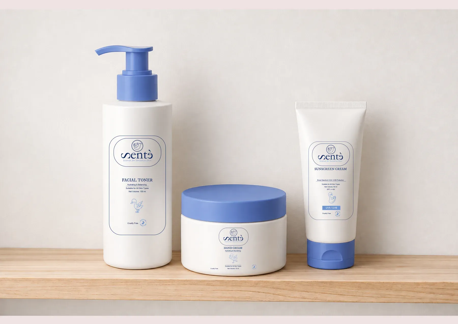 Sentè skincare packaging: toner bottle, hand cream jar and sunscreen tube