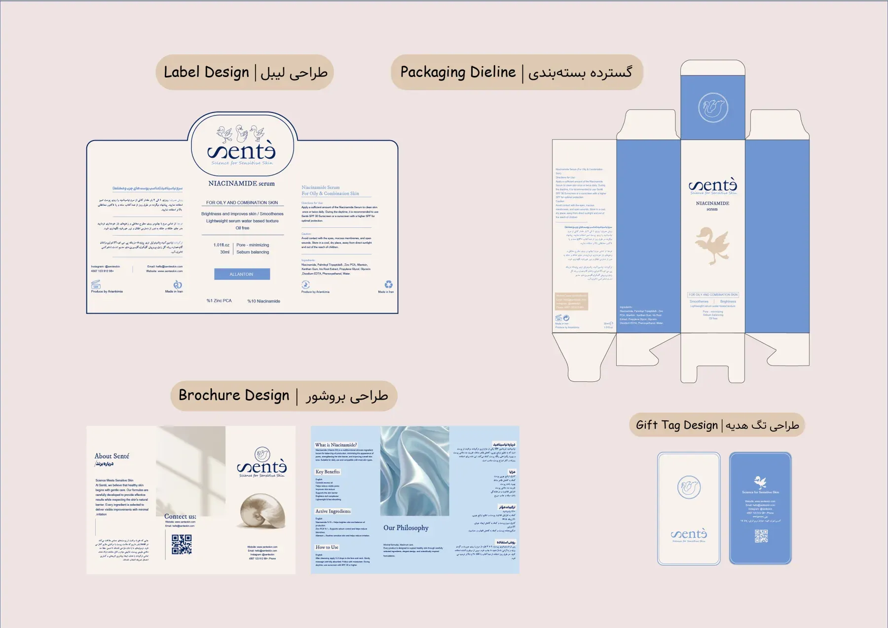 Sentè label, packaging dieline, brochure and gift tag design overview