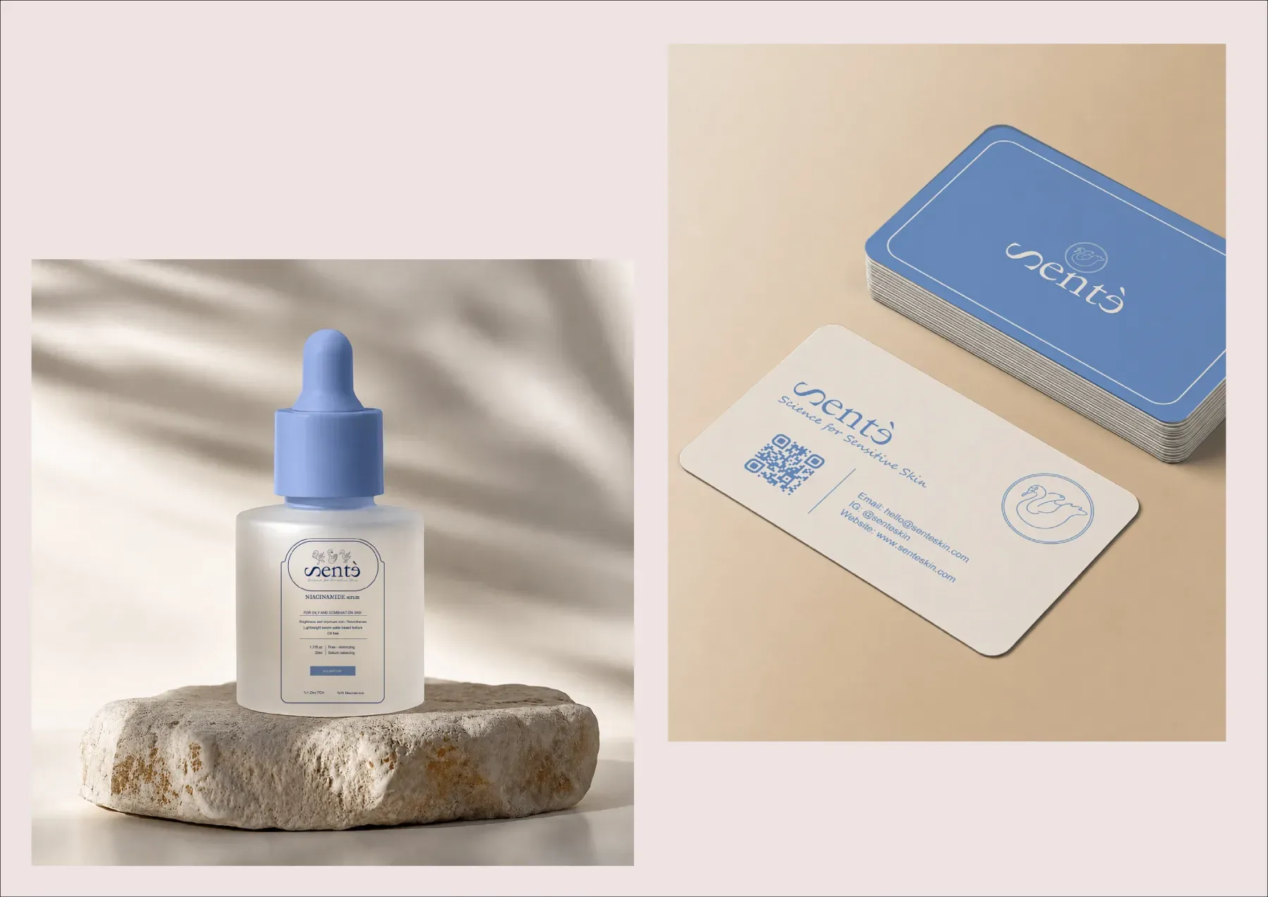 Sentè serum bottle on a stone plinth and blue business cards
